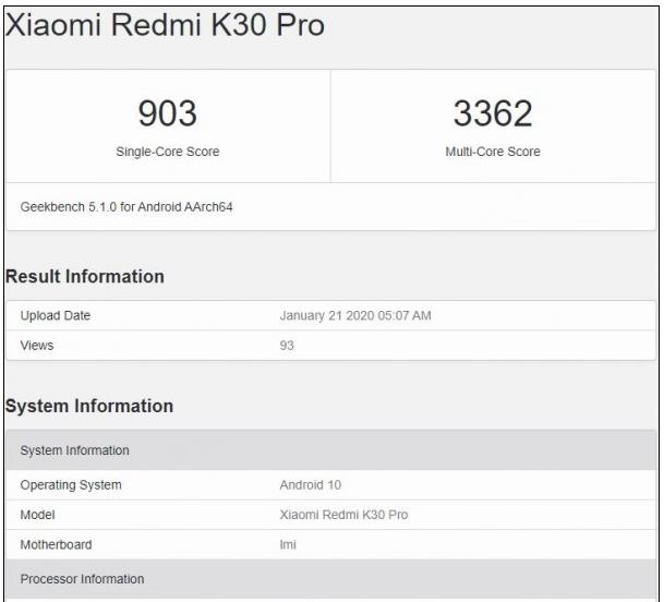 Redmi K30 Pro现身GeekBench 拥有弹出全面屏+1.6μm像素