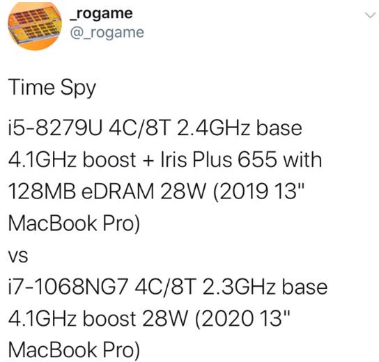 13英寸苹果MacBook Pro 2020的跑分曝光 搭载Core i7-1068NG7芯片